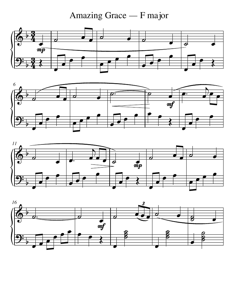Actual F PDF, page 1: pickup, broken-chord accompaniment and the start of the chordal second verse.