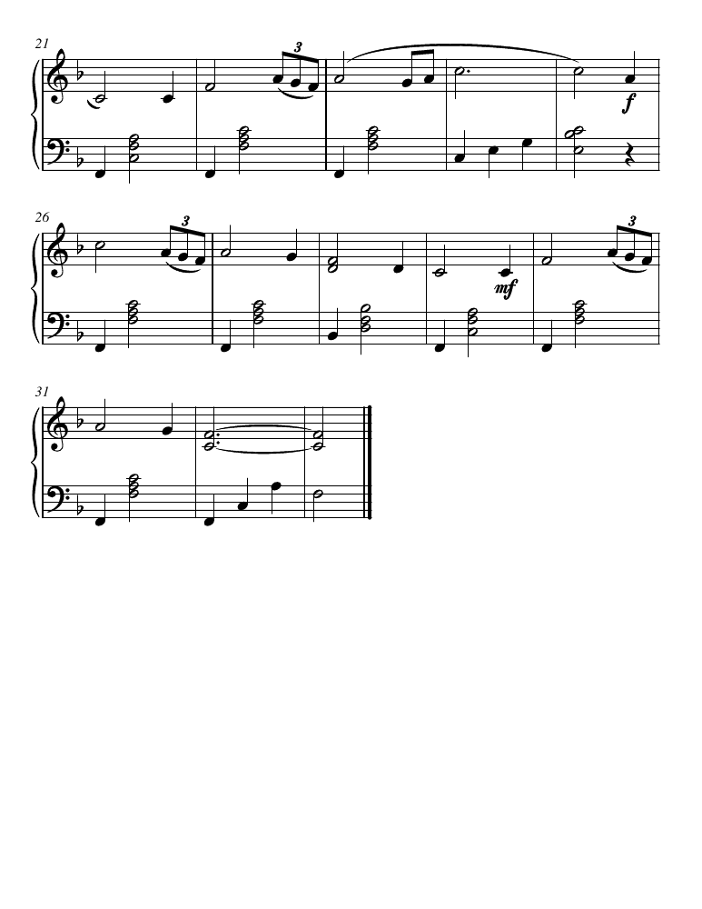 Actual F PDF, page 2: remaining chordal verse, triplets and tied final partial-bar ending.