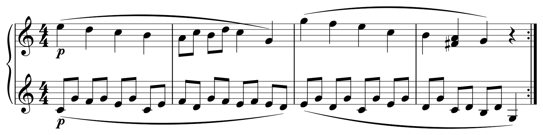 The first four written bars of the checked piano score, including both hands.