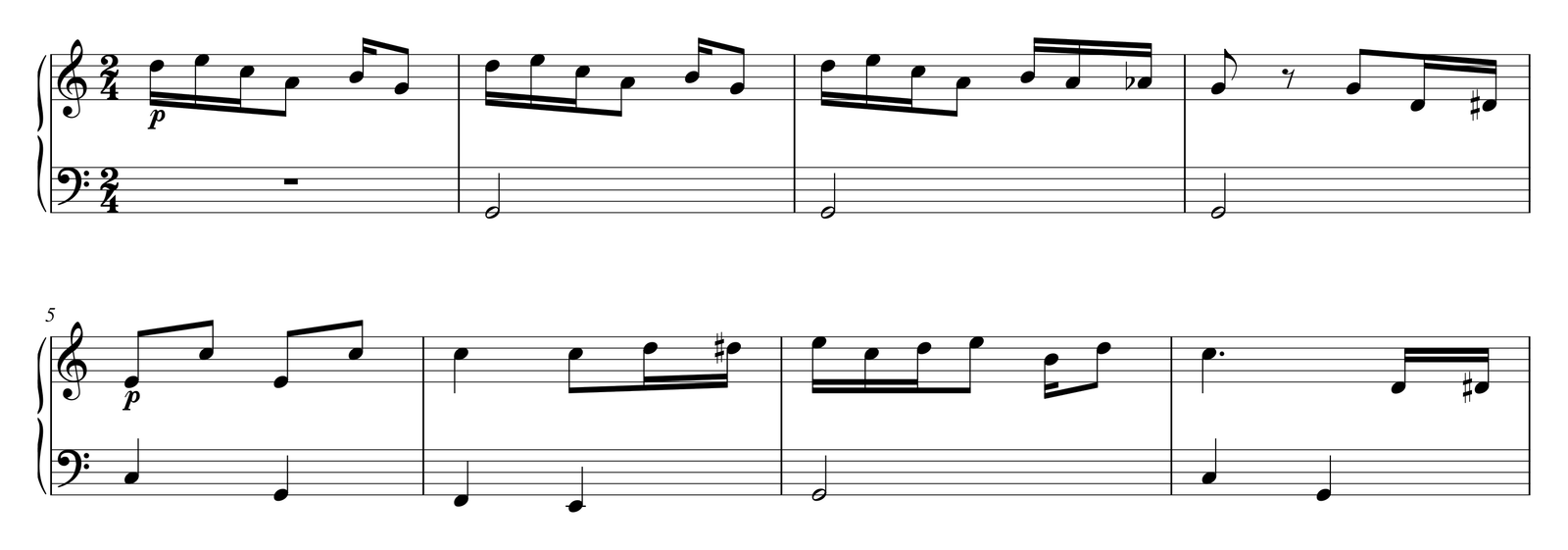 The same bars after the request: a single-note melody in the right hand over one steady bass note at a time in the left.