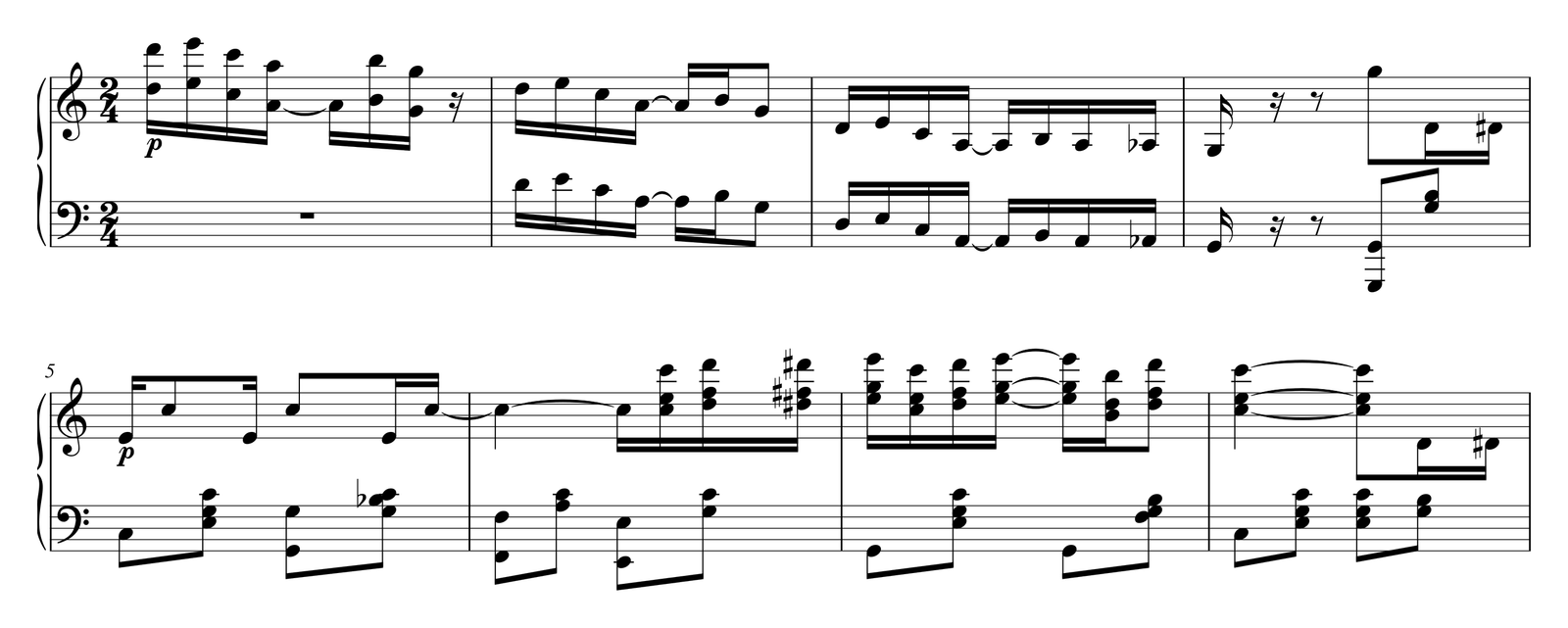 The Entertainer, bars 1–8 as printed: octave runs and chords in the right hand, ragtime chords in the left.