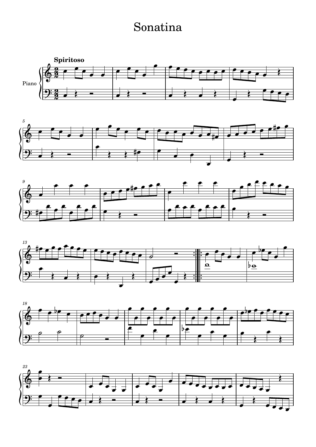 Page 1 of the actual two-page MuseScore export, headed Sonatina and Spiritoso.