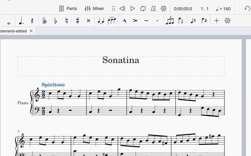 The imported Clementi score in the real MuseScore editor, with Spiritoso added above the opening bars.