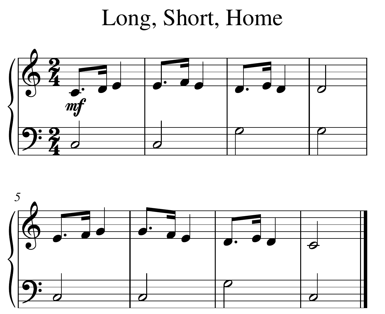 Complete eight-bar Long, Short, Home piano study in two four-bar lines