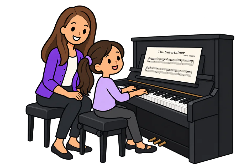 A teacher sits beside her young student at an upright piano while the student plays an easier version of The Entertainer.