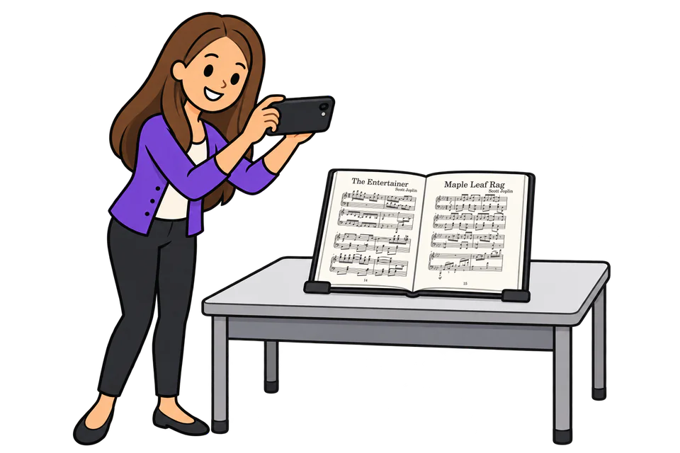 A piano teacher photographs an open book of Joplin rags, propped on a stand on a table, to read it into PlayableNotes.