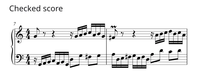 Bach Invention No. 1 bars 7–8, the same two bars used by the hand and tempo controls.