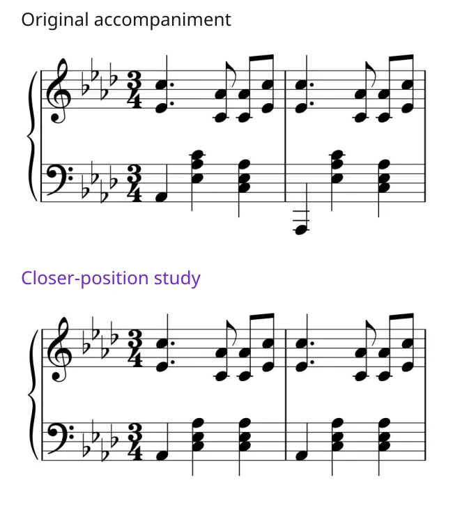 The same opening two bars of Brahms before and after: the low left-hand bass and following chord are brought closer, while the right hand stays unchanged.