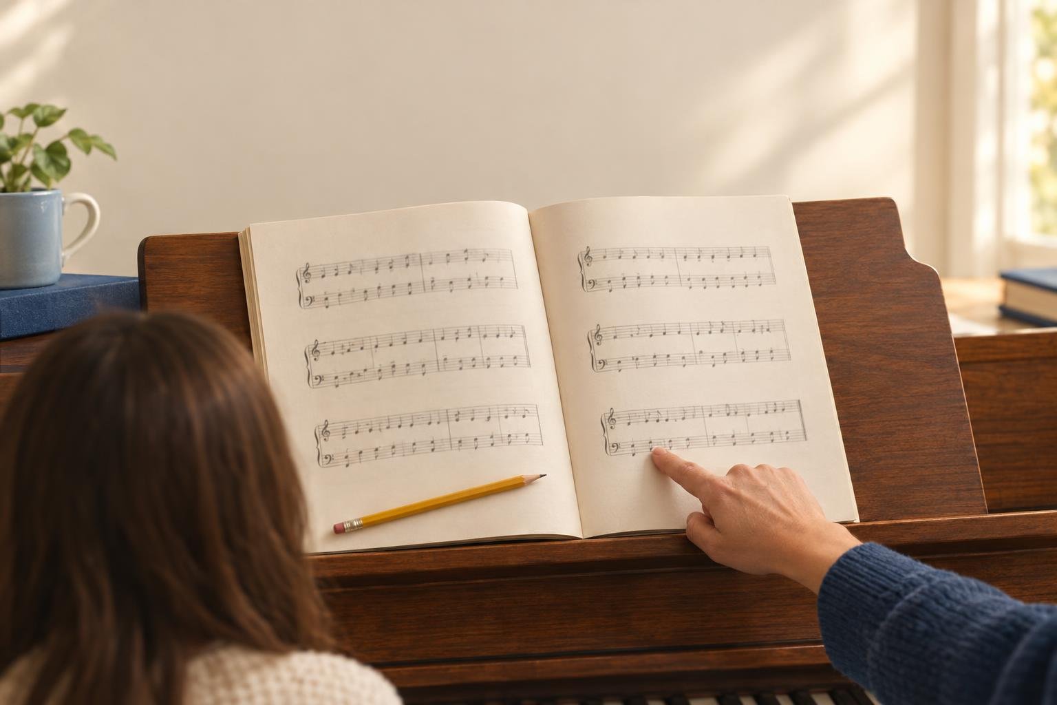 A teacher's finger points to a note on the bass staff of an open beginner piano book on an upright piano's music stand, while a student looks on.