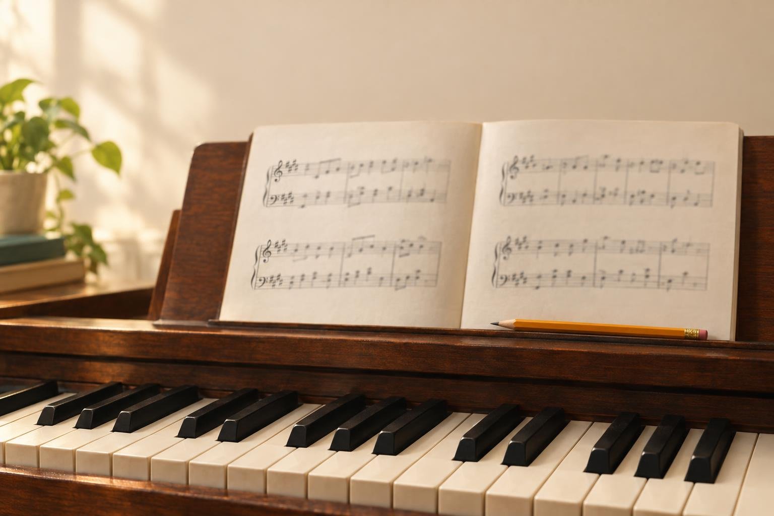 An open piano book on the music stand of a wooden upright piano, each staff starting with a row of sharps after the clef, with a pencil on the ledge and the keys below in warm afternoon light.