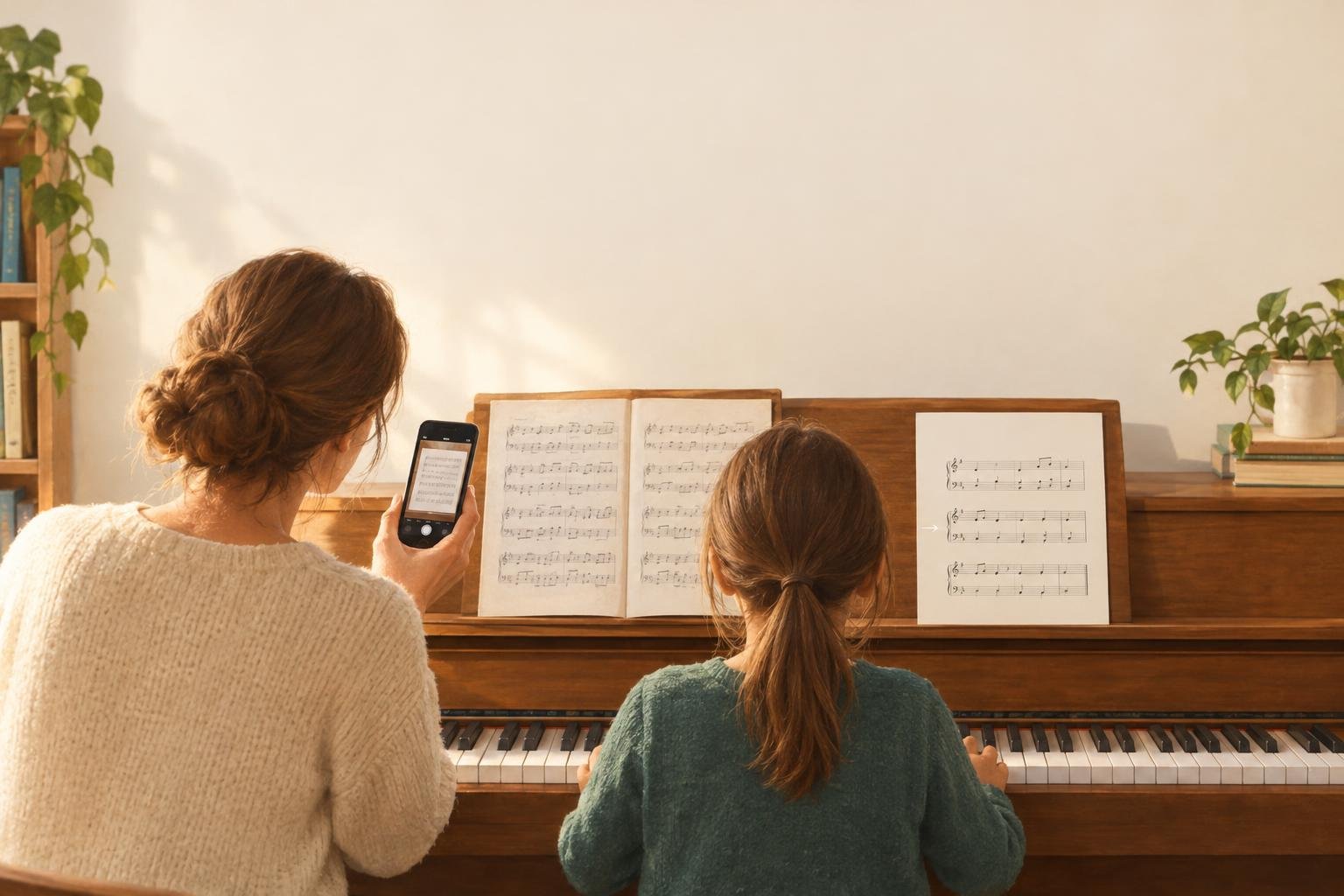 A teacher photographs a page of sheet music with her phone while her student plays; a simpler version of the page stands on the piano.