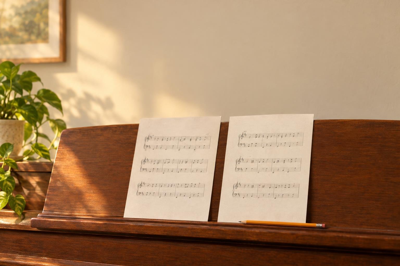 Two printed pages of the same short piano piece side by side on the music desk of a wooden upright piano, with a pencil on the ledge in warm afternoon light.