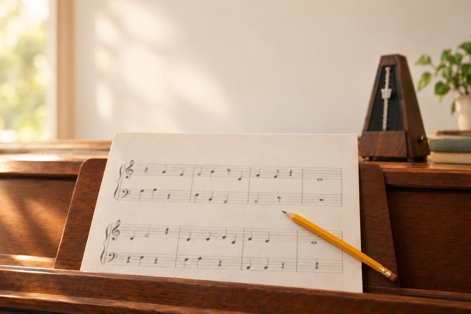A page of simple piano music with quarter notes, half notes, whole notes and rests sits on a wooden piano's music desk, with a pencil across it and a metronome beside it in warm afternoon light.