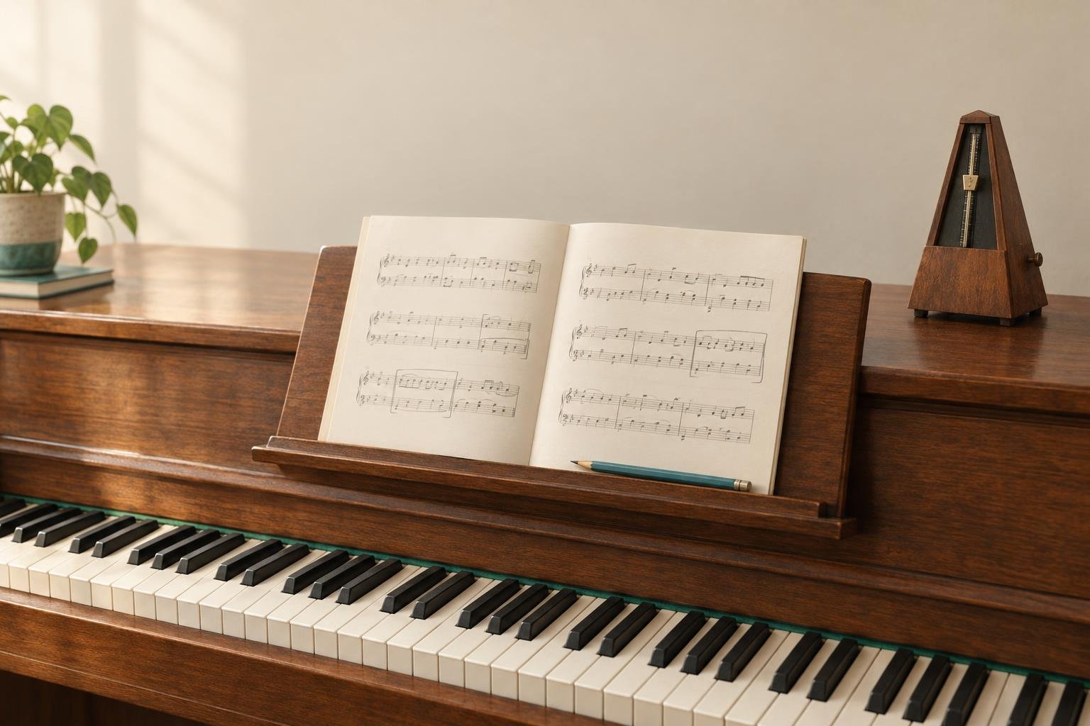 An upright piano with a book of sheet music open on the stand, a few bars boxed in pencil, a teal pencil on the ledge and a wooden metronome on top.