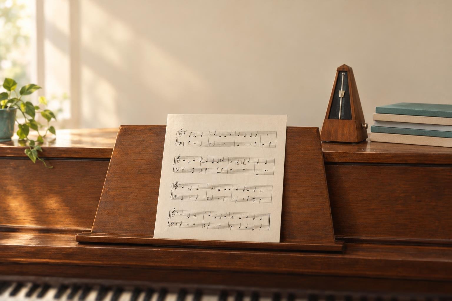 A single page of simple piano music on the music stand of a wooden upright piano, with a metronome and a stack of music books on top in warm morning light.