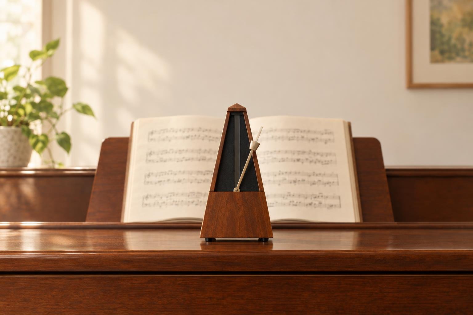 A wooden pyramid metronome mid-swing on the closed lid of an upright piano, in front of an open book of sheet music.