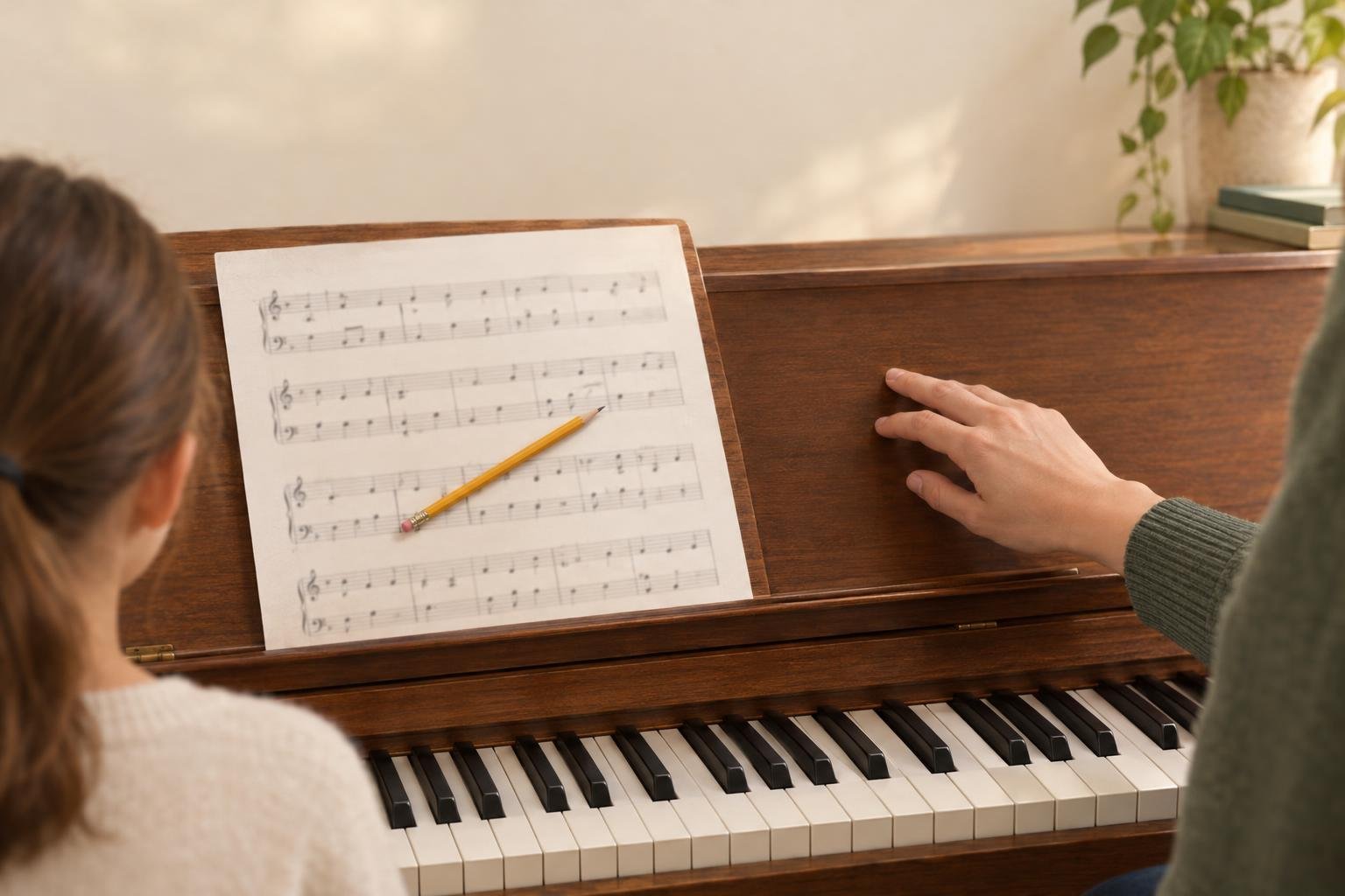 A digital piano connected by a USB cable to a closed laptop resting on its top, beside a printed page of sheet music.