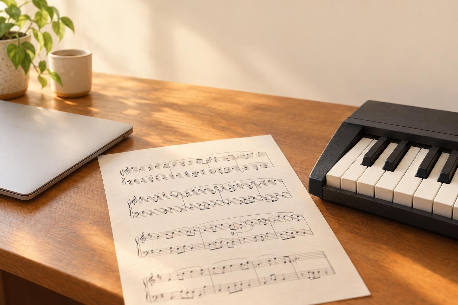 A printed page of piano sheet music on a wooden desk between a closed laptop and a small keyboard.