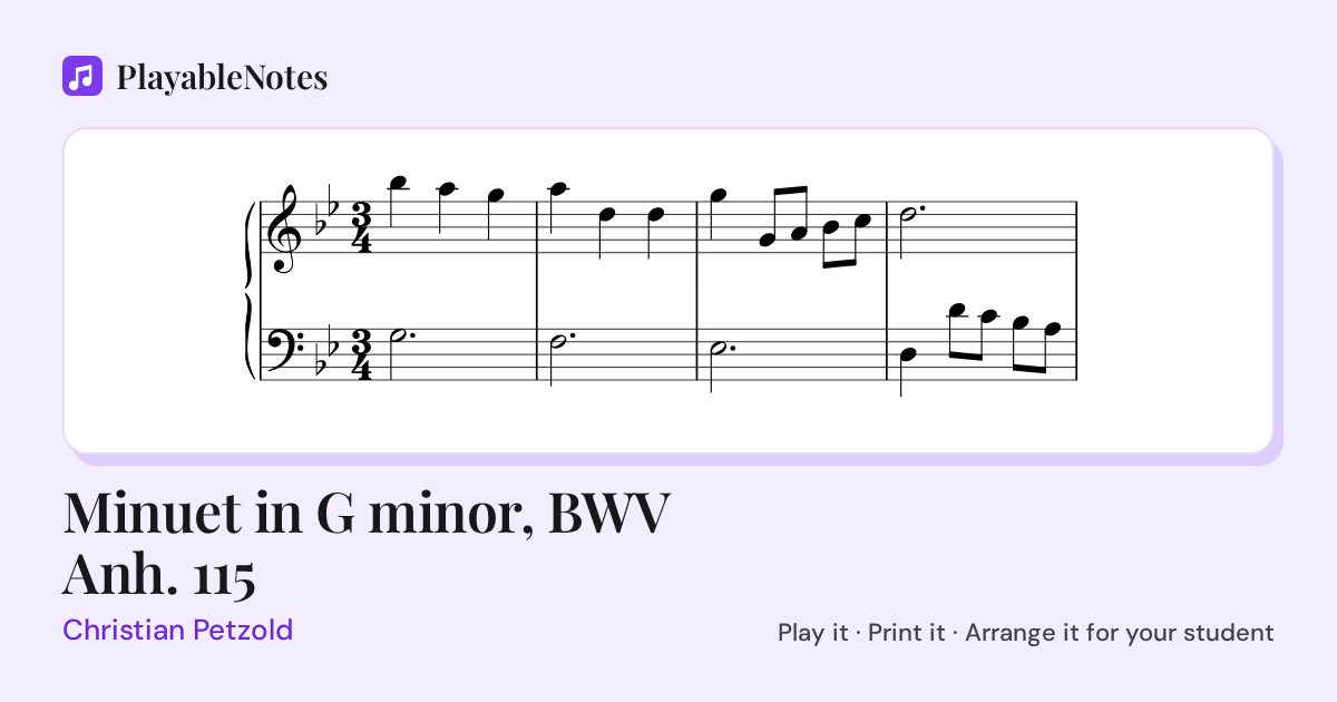 The first bars of Minuet in G minor, BWV Anh. 115 by Christian Petzold, engraved.