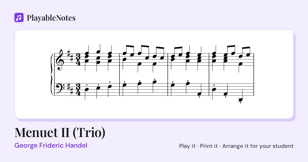 The first bars of Menuet II (Trio) by George Frideric Handel, engraved.