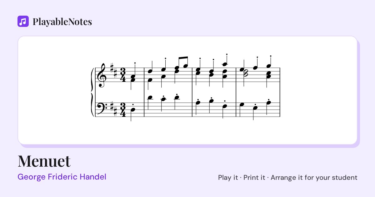 The first bars of Menuet by George Frideric Handel, engraved.