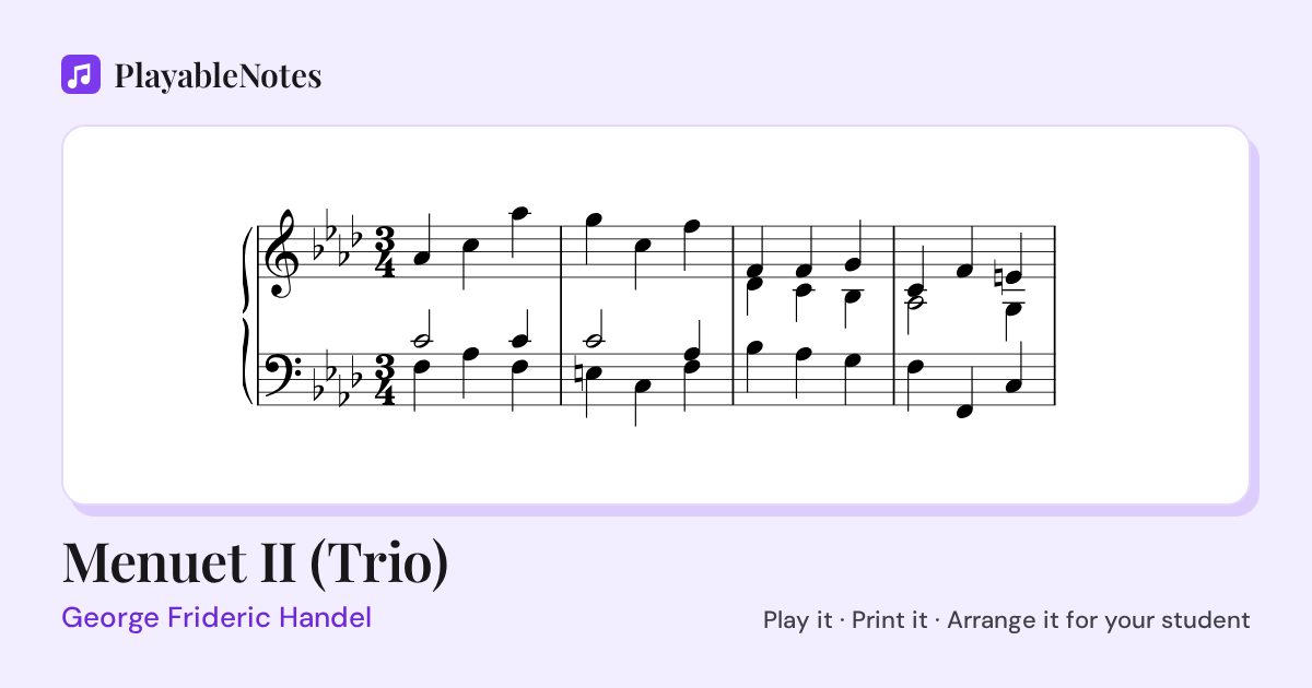 The first bars of Menuet II (Trio) by George Frideric Handel, engraved.