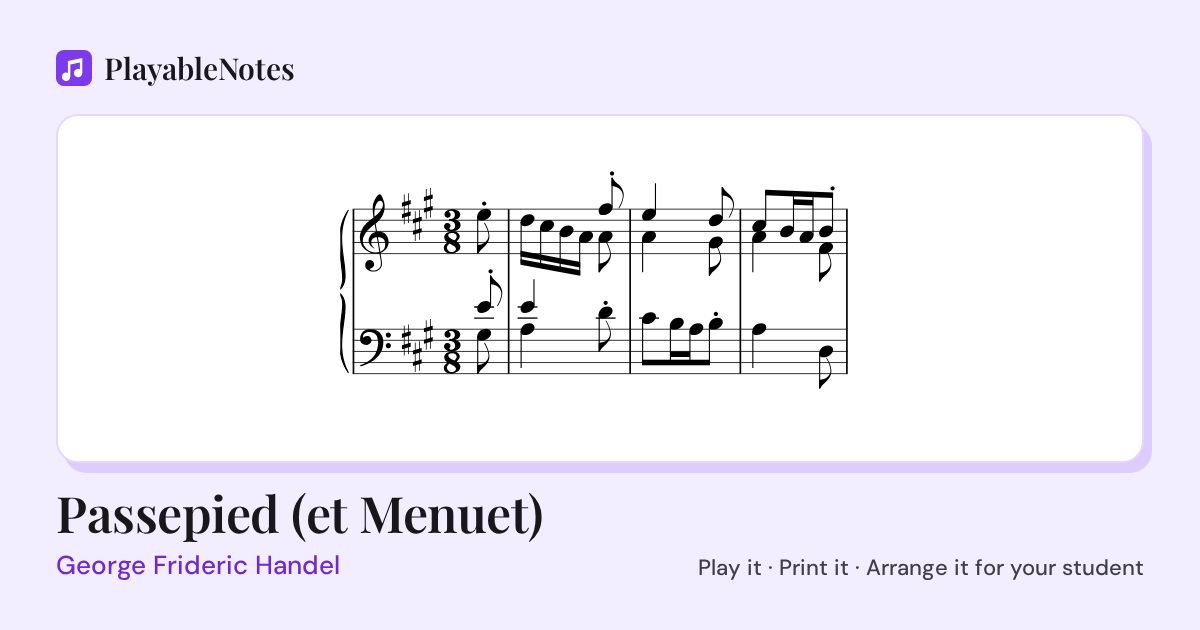 The first bars of Passepied (et Menuet) by George Frideric Handel, engraved.