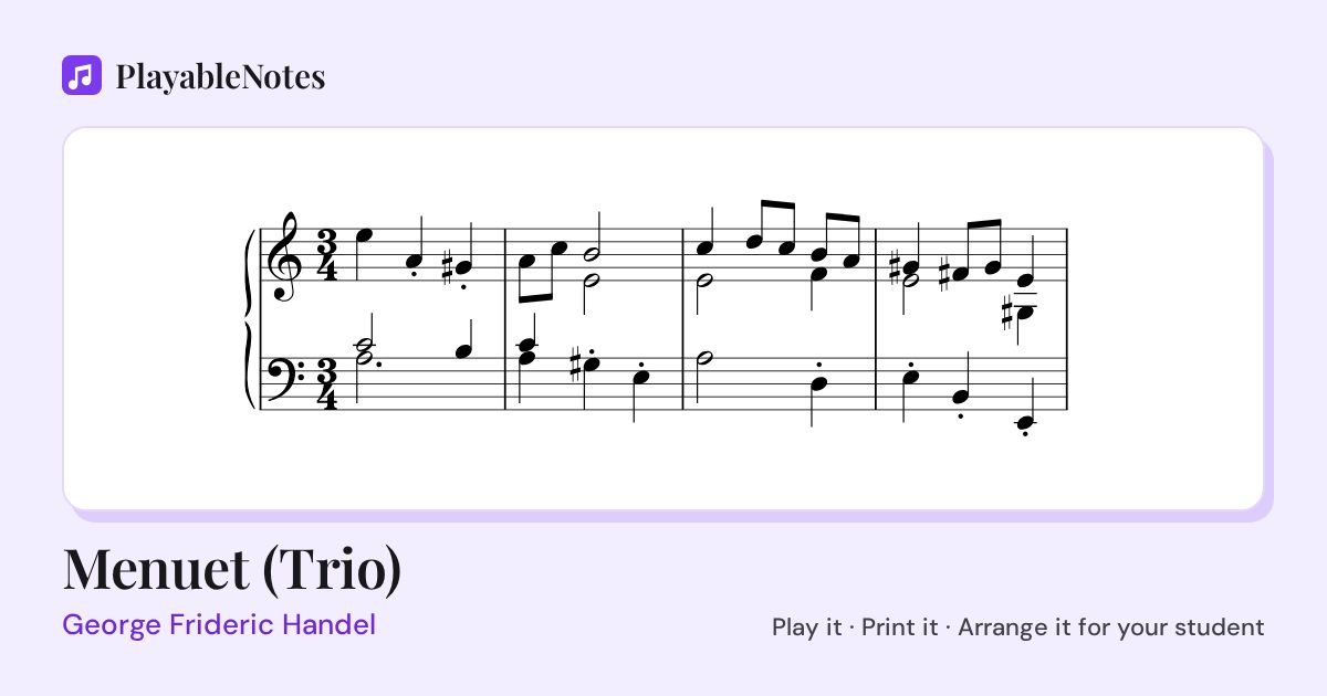 The first bars of Menuet (Trio) by George Frideric Handel, engraved.