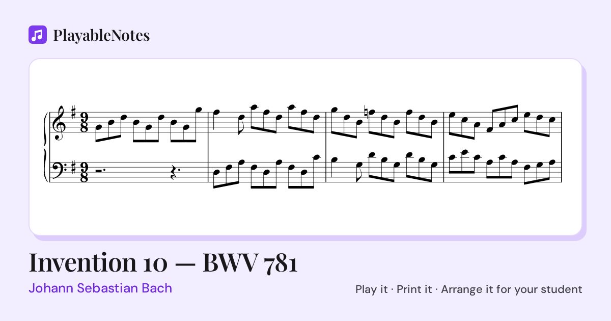 The first bars of Invention 10 — BWV 781 by Johann Sebastian Bach, engraved.