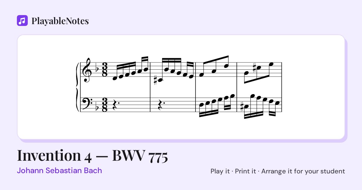 The first bars of Invention 4 — BWV 775 by Johann Sebastian Bach, engraved.