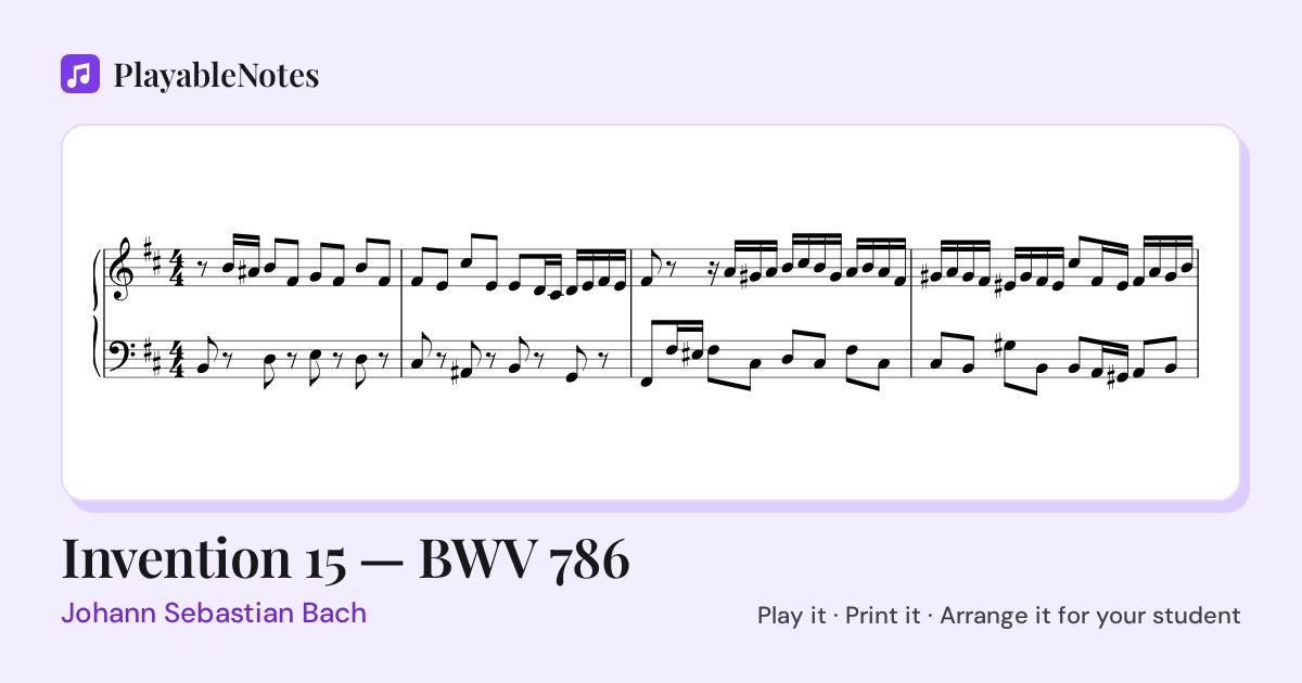 The first bars of Invention 15 — BWV 786 by Johann Sebastian Bach, engraved.