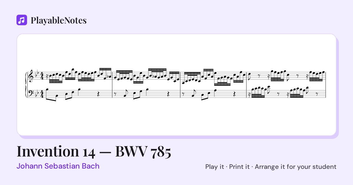 The first bars of Invention 14 — BWV 785 by Johann Sebastian Bach, engraved.