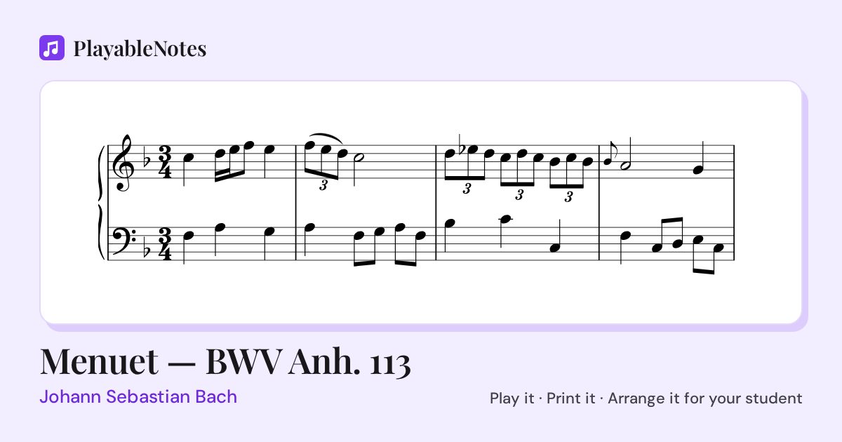 The first bars of Menuet — BWV Anh. 113 by Johann Sebastian Bach, engraved.
