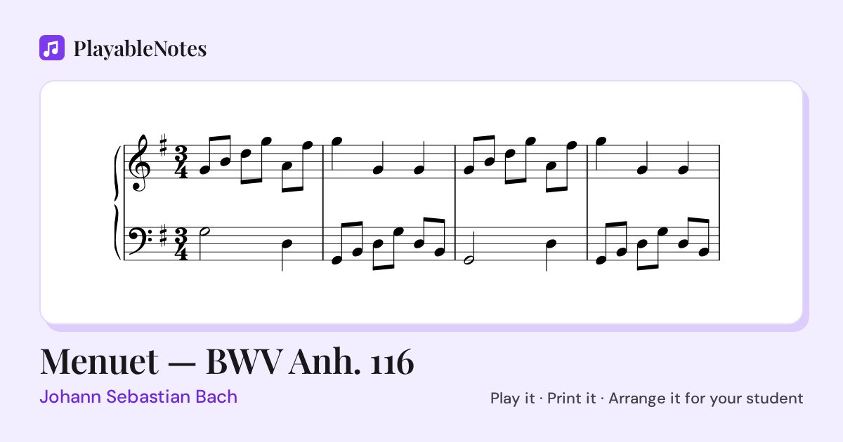 The first bars of Menuet — BWV Anh. 116 by Johann Sebastian Bach, engraved.