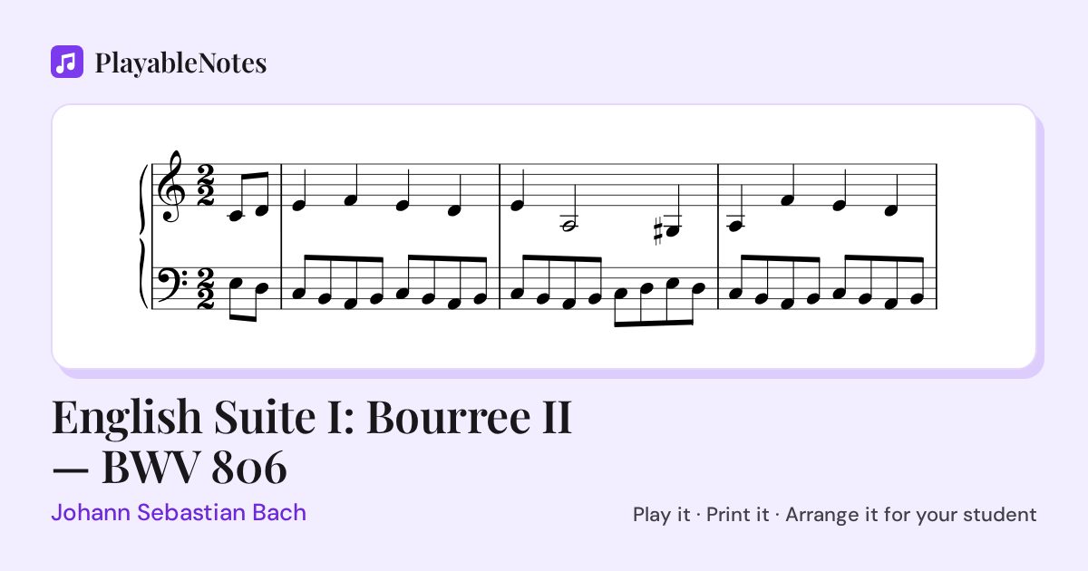 The first bars of English Suite I: Bourree II — BWV 806 by Johann Sebastian Bach, engraved.