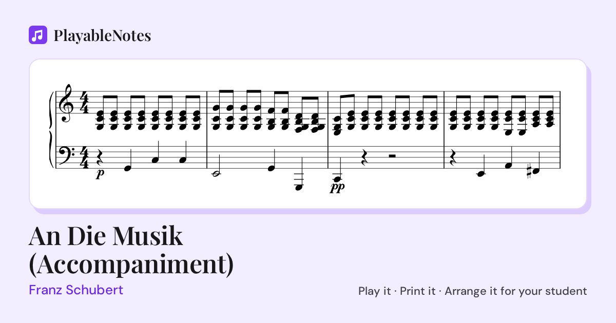 The first bars of An Die Musik (Accompaniment) by Franz Schubert, engraved.