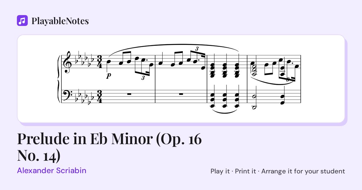 The first bars of Prelude in Eb Minor (Op. 16 No. 14) by Alexander Scriabin, engraved.