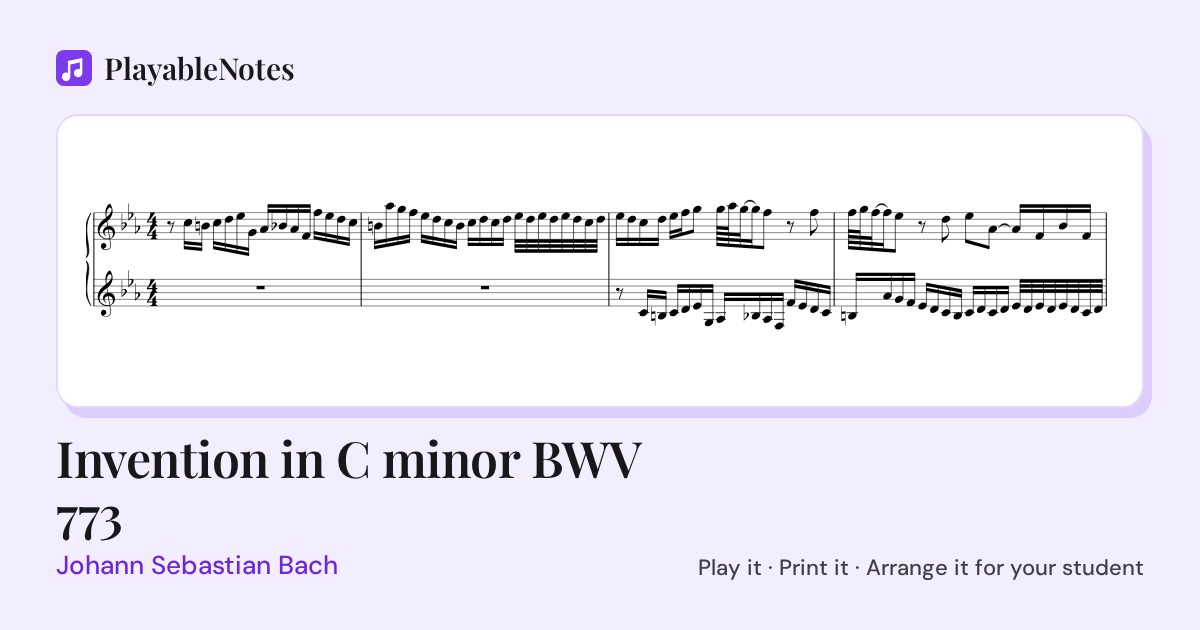 The first bars of Invention in C minor BWV 773 by Johann Sebastian Bach, engraved.