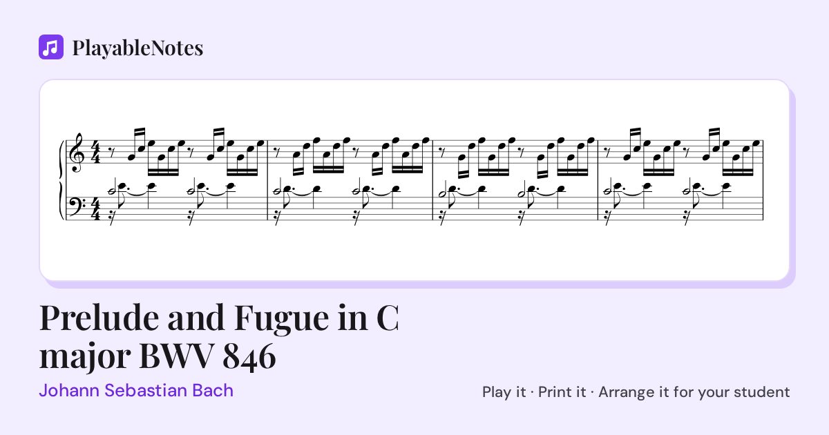 The first bars of Prelude and Fugue in C major BWV 846 by Johann Sebastian Bach, engraved.