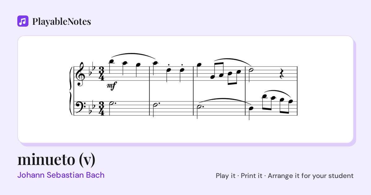 The first bars of minueto (v) by Johann Sebastian Bach, engraved.
