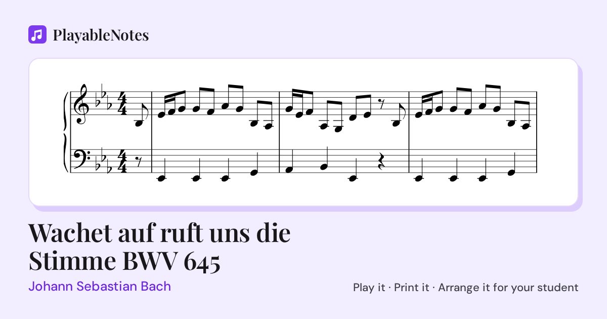 The first bars of Wachet auf ruft uns die Stimme BWV 645 by Johann Sebastian Bach, engraved.