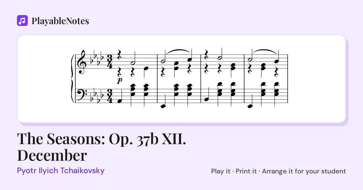 The first bars of The Seasons: Op. 37b XII. December by Pyotr Ilyich Tchaikovsky, engraved.