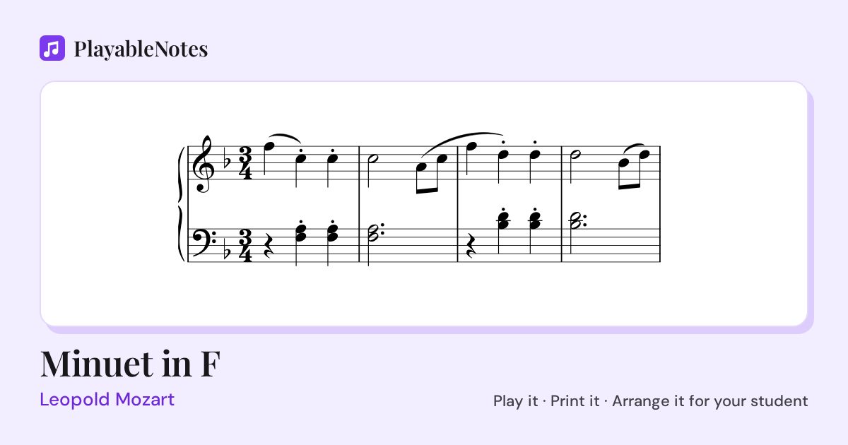 The first bars of Minuet in F by Leopold Mozart, engraved.