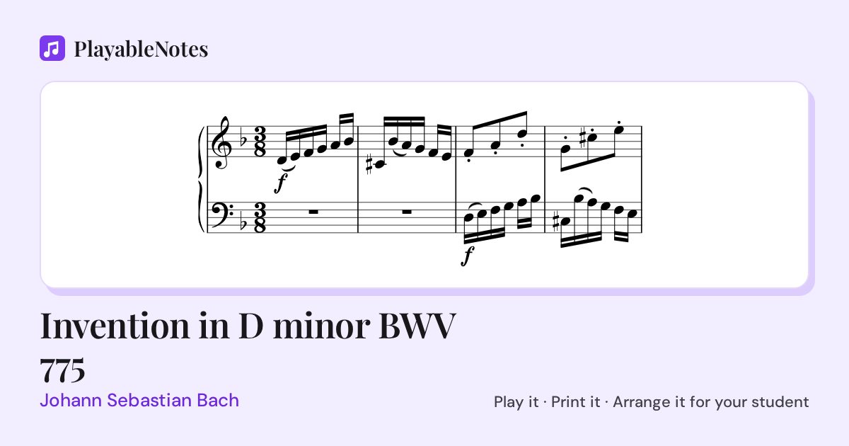 The first bars of Invention in D minor BWV 775 by Johann Sebastian Bach, engraved.