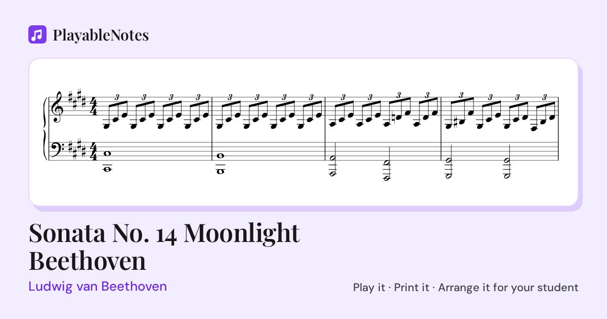 The first bars of Sonata No. 14 Moonlight Beethoven by Ludwig van Beethoven, engraved.