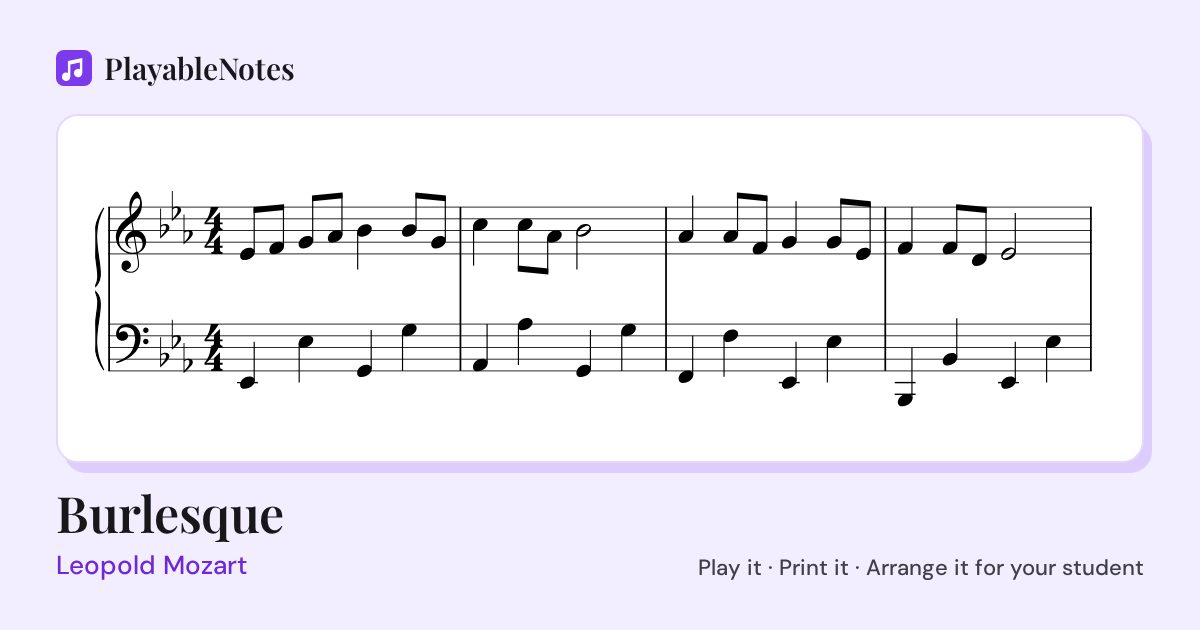 The first bars of Burlesque by Leopold Mozart, engraved.