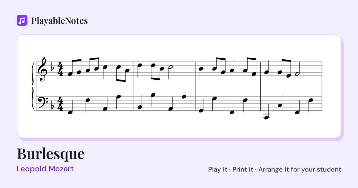The first bars of Burlesque by Leopold Mozart, engraved.