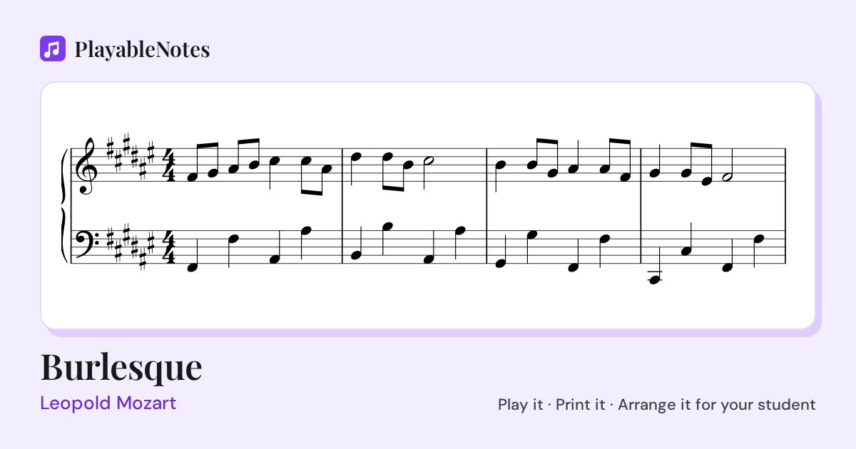 The first bars of Burlesque by Leopold Mozart, engraved.