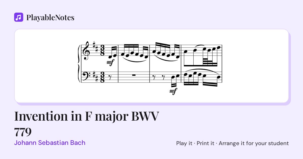 The first bars of Invention in F major BWV 779 by Johann Sebastian Bach, engraved.