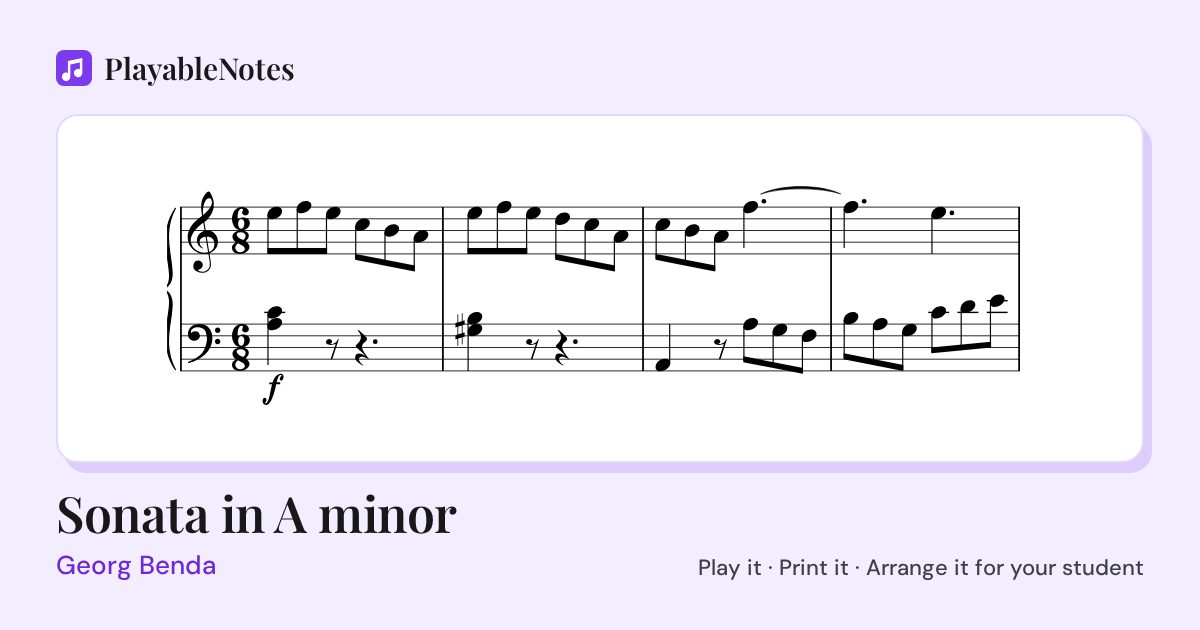 The first bars of Sonata in A minor by Georg Benda, engraved.
